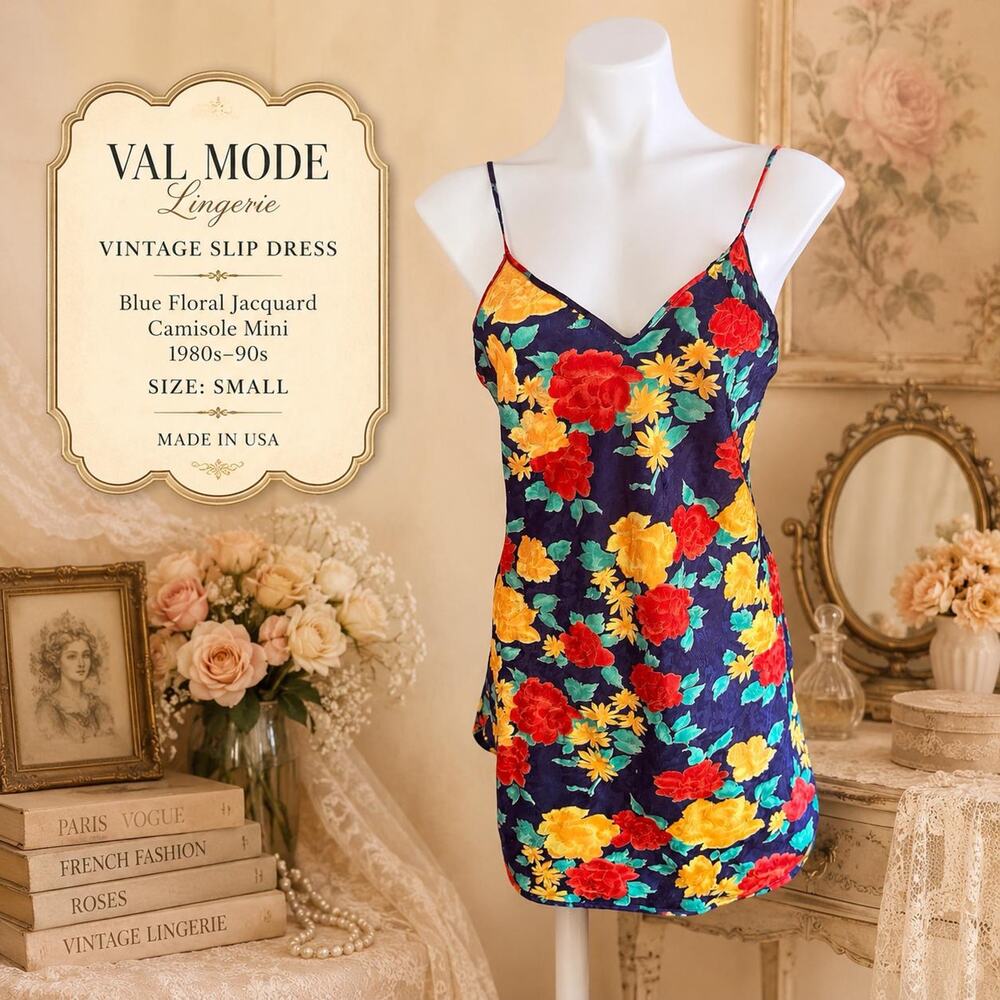 Val Mode Lingerie Blue Floral Jacquard Mini Slip Dress 1980s 90s Size S